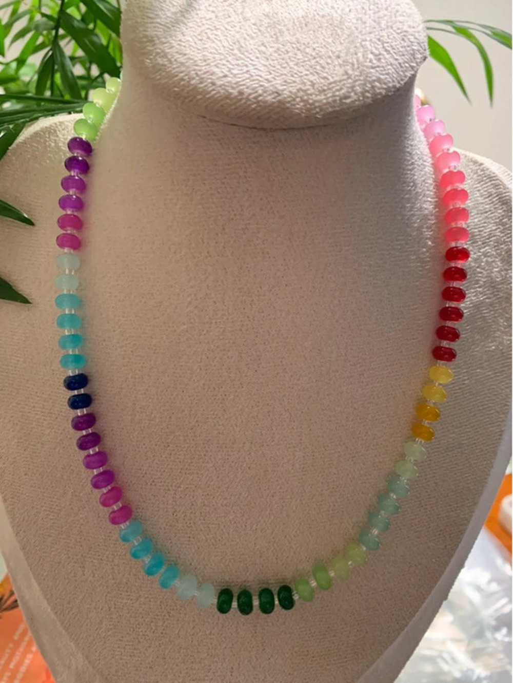 Rainbow Frosted Glass Beaded Necklace Colorful Handmade Statement Jewelry - Picture 3 of 3